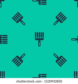 Blue line Garden rake in work icon isolated seamless pattern on green background. Tool for horticulture, agriculture, farming. Ground cultivator.  Vector Illustration