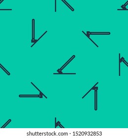 Blue line Garden rake in work icon isolated seamless pattern on green background. Tool for horticulture, agriculture, farming. Ground cultivator.  Vector Illustration
