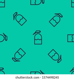Blue line Garden sprayer for water, fertilizer, chemicals icon isolated seamless pattern on green background.  Vector Illustration