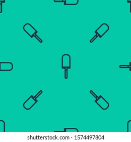 Blue line Garden trowel spade or shovel icon isolated seamless pattern on green background. Gardening tool. Tool for horticulture, agriculture, farming.  Vector Illustration