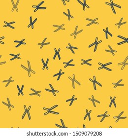 Blue line Gardening handmade scissors for trimming icon isolated seamless pattern on yellow background. Pruning shears with wooden handles.  Vector Illustration