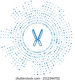 Blue line Gardening handmade scissors for trimming icon isolated on white background. Pruning shears with wooden handles. Abstract circle random dots. Vector Illustration