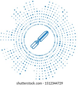 Blue line Gardening handmade scissors for trimming icon isolated on white background. Pruning shears with wooden handles. Abstract circle random dots. Vector Illustration