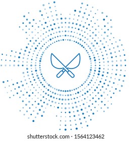 Blue line Gardening handmade scissors for trimming icon isolated on white background. Pruning shears with wooden handles. Abstract circle random dots. Vector Illustration