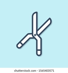 Blue line Gardening handmade scissors for trimming icon isolated on blue background. Pruning shears with wooden handles.  Vector Illustration