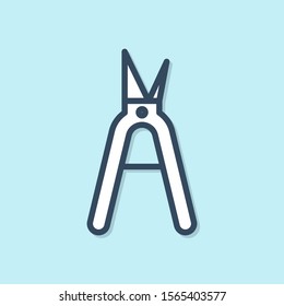 Blue line Gardening handmade scissors for trimming icon isolated on blue background. Pruning shears with wooden handles.  Vector Illustration