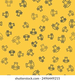 Blue line Gas mask icon isolated seamless pattern on yellow background. Respirator sign.  Vector