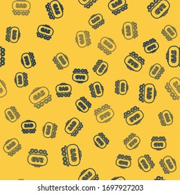 Blue line Gas railway cistern icon isolated seamless pattern on yellow background. Train gasoline tank on railway car. Rail freight.  Vector Illustration