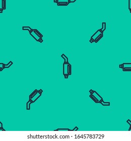 Blue line Gasoline pump nozzle icon isolated seamless pattern on green background. Fuel pump petrol station. Refuel service sign. Gas station icon.  Vector Illustration