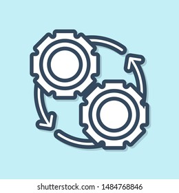 Blue line Gear and arrows as workflow process concept icon isolated on blue background. Gear reload sign.  Vector Illustration