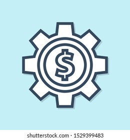Blue line Gear with dollar symbol icon isolated on blue background. Business and finance conceptual icon.  Vector Illustration