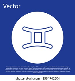 Blue line Gemini zodiac sign icon isolated on blue background. Astrological horoscope collection. White circle button. Vector Illustration