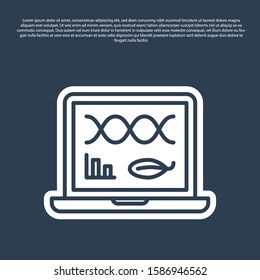Blue line Genetic engineering modification on laptop icon isolated on blue background. DNA analysis, genetics testing, cloning.  Vector Illustration
