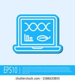 Blue line Genetic engineering modification on laptop icon isolated on grey background. DNA analysis, genetics testing, cloning.  Vector Illustration