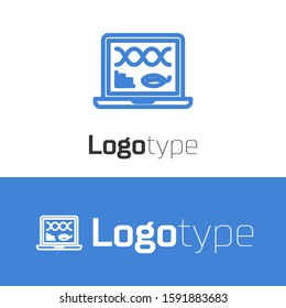 Blue line Genetic engineering modification on laptop icon isolated on white background. DNA analysis, genetics testing, cloning. Logo design template element. Vector Illustration