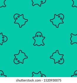 Blue line Ghost icon isolated seamless pattern on green background.  Vector Illustration
