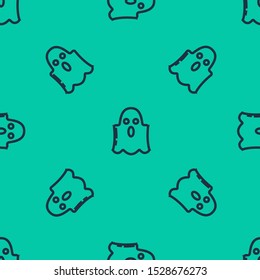 Blue line Ghost icon isolated seamless pattern on green background. Happy Halloween party.  Vector Illustration