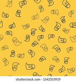 Blue line Ghost icon isolated seamless pattern on yellow background. Happy Halloween party.  Vector Illustration