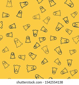 Blue line Ghost icon isolated seamless pattern on yellow background. Happy Halloween party.  Vector Illustration