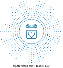 Blue line Gift box with heart icon isolated on white background. Valentines day. Abstract circle random dots. Vector Illustration