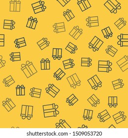 Blue line Gift box icon isolated seamless pattern on yellow background.  Vector Illustration