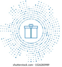 Blue line Gift box icon isolated on white background. Abstract circle random dots. Vector Illustration