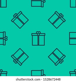 Blue line Gift box icon isolated seamless pattern on green background.  Vector Illustration