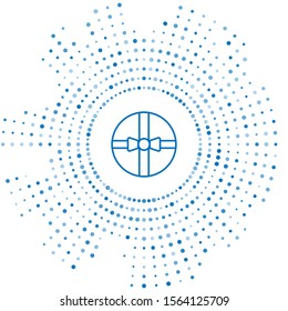 Blue line Gift box icon isolated on white background. Merry Christmas and Happy New Year. Abstract circle random dots. Vector Illustration