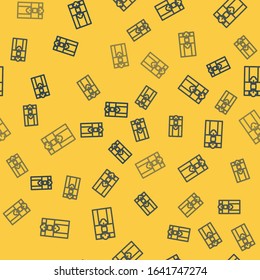 Blue line Gift box icon isolated seamless pattern on yellow background.  Vector Illustration