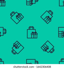 Blue line Gift box icon isolated seamless pattern on green background.  Vector Illustration