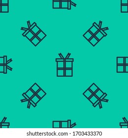 Blue line Gift box icon isolated seamless pattern on green background. Happy Birthday.  Vector Illustration