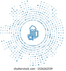 Blue line Glass of beer and hop icon isolated on white background. Abstract circle random dots. Vector Illustration