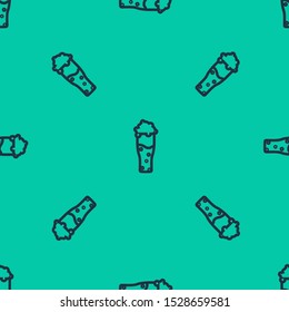 Blue line Glass of beer icon isolated seamless pattern on green background.  Vector Illustration