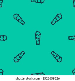Blue line Glass of beer icon isolated seamless pattern on green background.  Vector Illustration