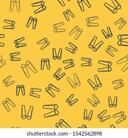 Blue line Glass of beer icon isolated seamless pattern on yellow background.  Vector Illustration