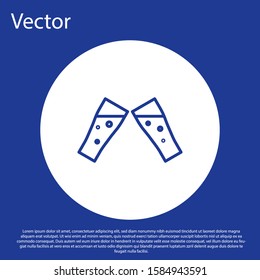 Blue line Glass of beer icon isolated on blue background. White circle button. Vector Illustration
