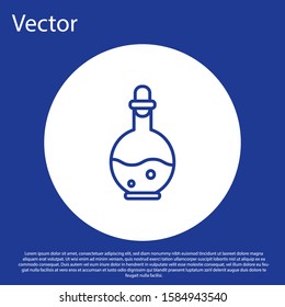 Blue line Glass bottle with magic elixir icon isolated on blue background. Computer game asset. White circle button. Vector Illustration