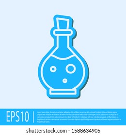 Blue line Glass bottle with magic elixir icon isolated on grey background. Computer game asset.  Vector Illustration