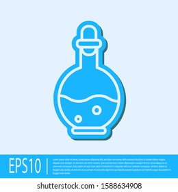 Blue line Glass bottle with magic elixir icon isolated on grey background. Computer game asset.  Vector Illustration