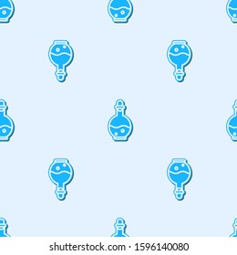 Blue line Glass bottle with magic elixir icon isolated seamless pattern on grey background. Computer game asset.  Vector Illustration