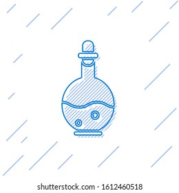 Blue line Glass bottle with magic elixir icon isolated on white background. Computer game asset.  Vector Illustration