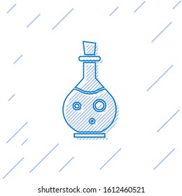 Blue line Glass bottle with magic elixir icon isolated on white background. Computer game asset.  Vector Illustration