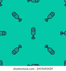 Blue line Glass of champagne icon isolated seamless pattern on green background. Merry Christmas and Happy New Year.  Vector