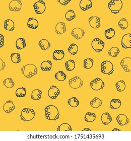 Blue line Glass jar with candies inside icon isolated seamless pattern on yellow background.  Vector
