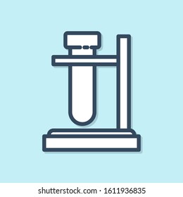 Blue line Glass test tube flask on stand icon isolated on blue background. Laboratory equipment.  Vector Illustration