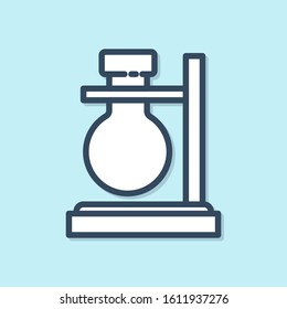 Blue line Glass test tube flask on stand icon isolated on blue background. Laboratory equipment.  Vector Illustration