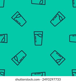 Blue line Glass with water icon isolated seamless pattern on green background. Soda glass.  Vector