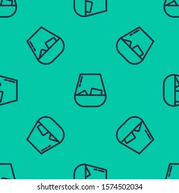 Blue line Glass of whiskey and ice cubes icon isolated seamless pattern on green background.  Vector Illustration