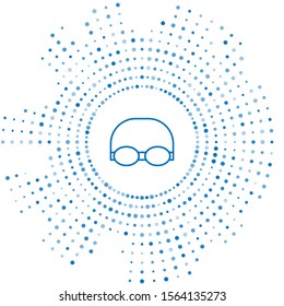 Blue line Glasses and cap for swimming icon isolated on white background. Swimming cap and goggles. Diving underwater equipment. Abstract circle random dots. Vector Illustration