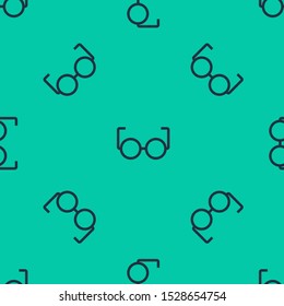 Blue line Glasses icon isolated seamless pattern on green background. Eyeglass frame symbol.  Vector Illustration
